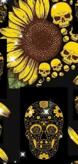 Yellow skull and sunflower art on a black background wallpaper.