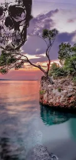 Surreal wallpaper with a skull, sunset, and rocky coast.