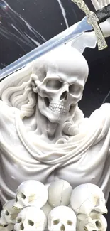 Marble sculpture of a skull with sword on mobile wallpaper.