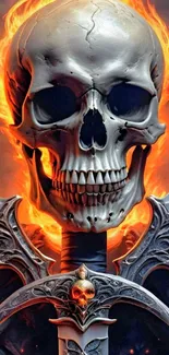 Flaming skull with crossed swords on fiery background.