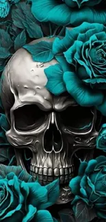 Skull surrounded by teal roses wallpaper.