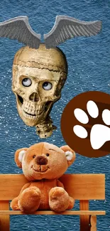 Surreal wallpaper with skull, teddy, and paw on blue background.