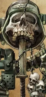 Gritty art of skulls and weapons in a military-themed mobile wallpaper.