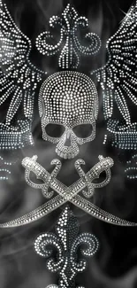 Diamond studded skull and wings wallpaper in silver and black.