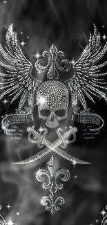 Black wallpaper with glittering skull and wings design.