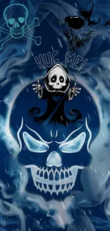 Dark skull art wallpaper with mystical blue hues and gothic themes.