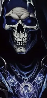 Dark skull art with blue hues and hooded figure.