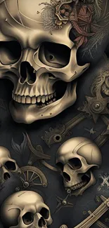 Intricate skull design with gothic elements in dark tones for mobile wallpaper.