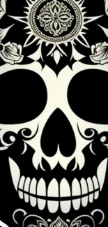 Intricate skull design with floral elements in black and white.