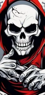 Red-hooded skull art wallpaper for mobile devices.