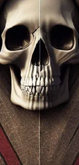 3D skull art on textured brown background wallpaper.