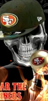 San Francisco 49ers skull artwork with hat and logo helmet.