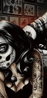 Tattoo-inspired skull art wallpaper for mobile phones.