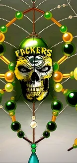 Intricate skull design with beads and Packers logo on green background.