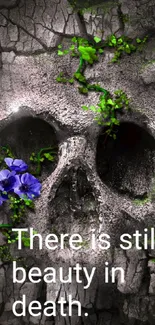 Artistic skull wallpaper with purple flowers and green foliage.