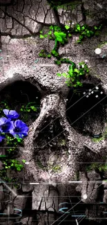 Skull with vibrant green and blue flowers on textured background.