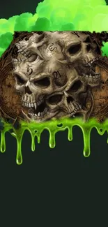 Vibrant skull artwork with green smoke and mystical tones.