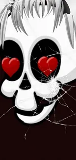 Stylized skull with heart eyes on black background, cracked effect on mobile wallpaper.