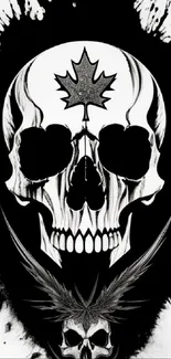 Skull illustration with maple leaf in monochrome style.