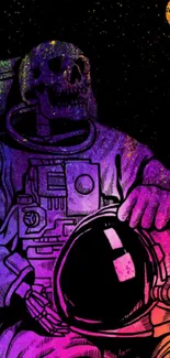 A skull-faced astronaut holding a helmet in a colorful cosmic setting.