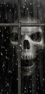 Skull art behind a rainy window, creating a spooky atmosphere for mobile wallpaper.