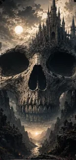 Skull-shaped castle with a dramatic sky and dark landscape.