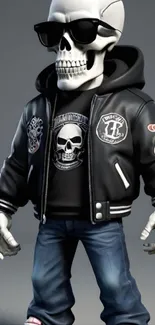 Skull character wearing sunglasses, jacket, and jeans.