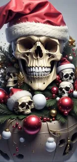 Skull adorned with festive Christmas decorations and Santa hats.