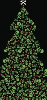 Gothic Christmas tree with skulls and red accents on a black background.