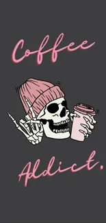 Quirky skull holding coffee cup with 'Coffee Addict' text on dark background.