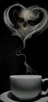 Skull-shaped steam rises from a coffee cup on a dark background.