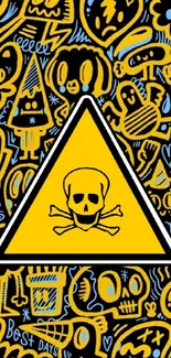 Yellow doodle wallpaper with a skull warning sign.