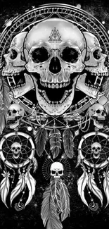 Intricate skull dreamcatcher wallpaper in monochrome design for mobile.