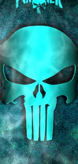 Teal skull emblem on dark background wallpaper.