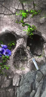 Skull in cracked stone with green leaves and a violet flower.