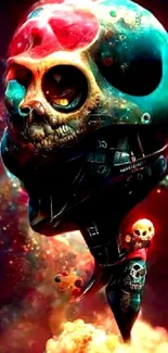 Vibrant skull galaxy art wallpaper with cosmic elements.