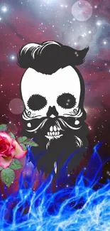 Skull and rose with galaxy and blue flames wallpaper.