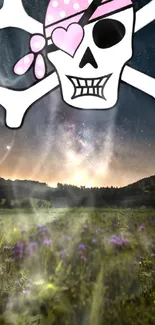 Playful skull with galaxy backdrop on mobile wallpaper.