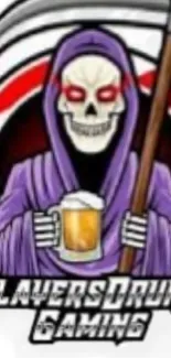 Purple hooded skull holding a beer with gaming theme.