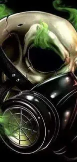 Skull wearing a gas mask with green smoke on black background.