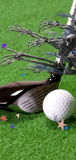 Golf club with skull art on green grass wallpaper.