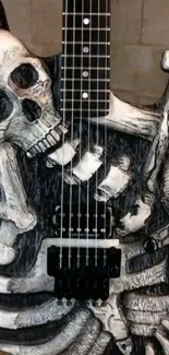 Gothic guitar with skull design, dark aesthetic wallpaper.