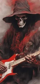 Skeletal guitarist in red flames, exuding gothic rock artistry.