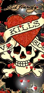 Gothic skull and heart wallpaper with bold colors.