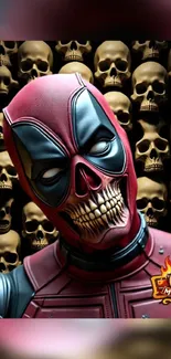 Crimson-suited hero with a skull face in front of skulls.