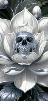 Metallic skull embedded in a white flower.