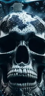 Skull immersed in bubbles with a dark background.