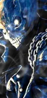 Illustration of a skull wrapped in chains with a blue and dark theme.