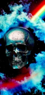 Skull surrounded by cosmic rainbow and clouds in space.