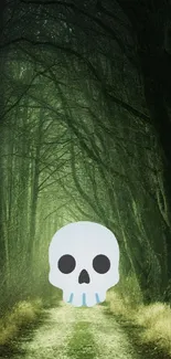 Mysterious skull in a dark, enchanted forest path wallpaper.